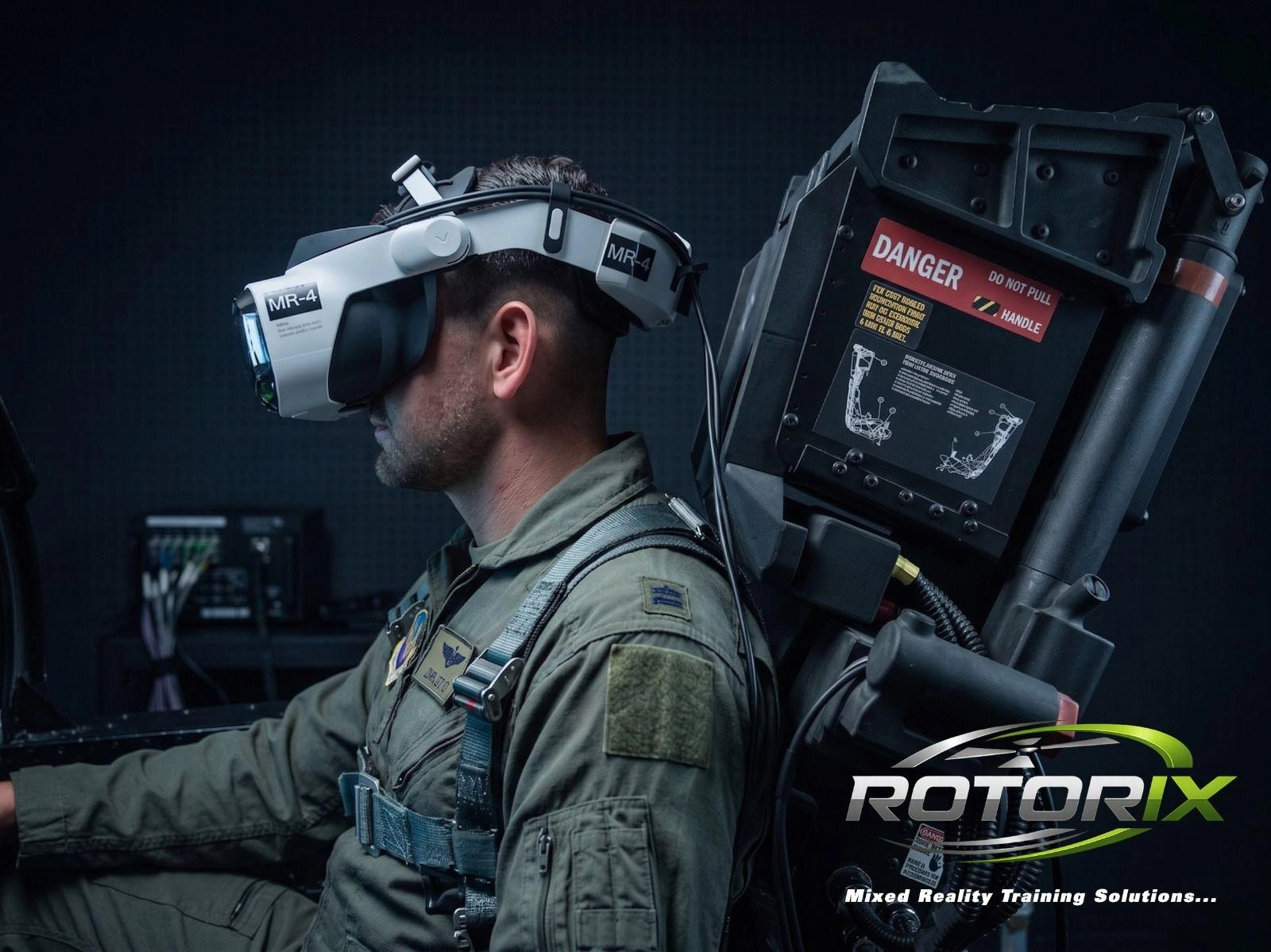 A pilot in a flight suit wearing a Rotorix MR-4 mixed-reality headset at a simulator station.