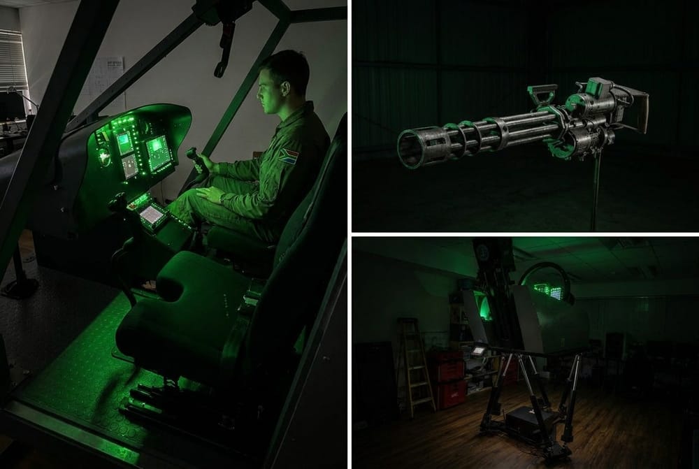 Three views of Rotorix simulator hardware: a pilot at the controls of an open-frame cockpit with lit instrument panels, a simulated rotary cannon on its mount, and the simulator raised on its motion platform.
