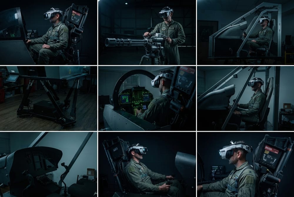 Nine views of different Rotorix simulator configurations, from single-seat cockpits and a weapon station through to a bare motion platform.